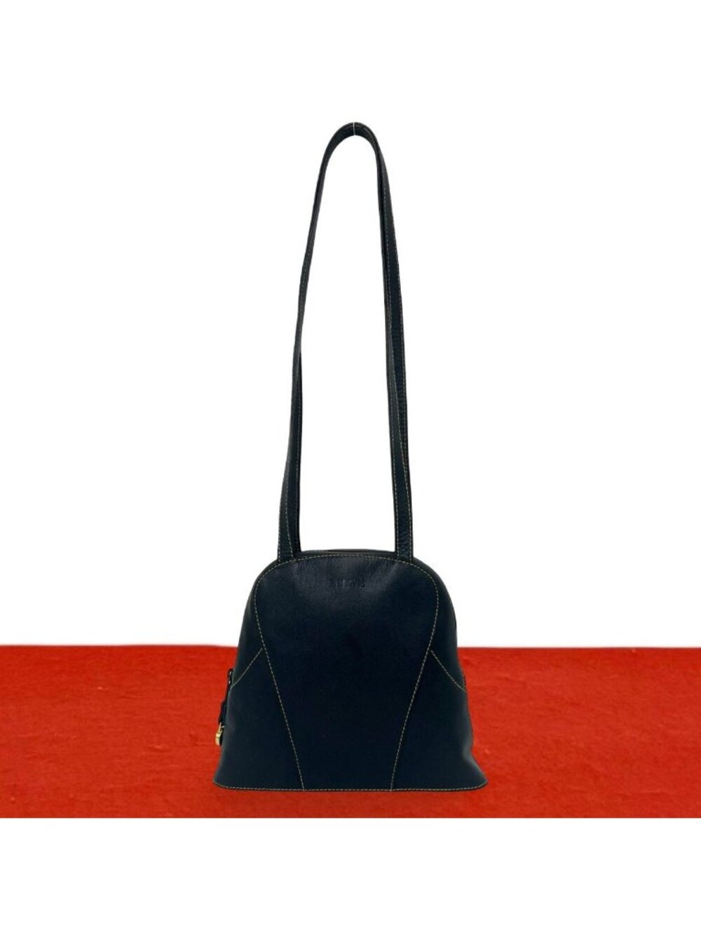 Loewe Vintage Logo Stamp Leather Round Zip Tote Shoulder Bag Navy